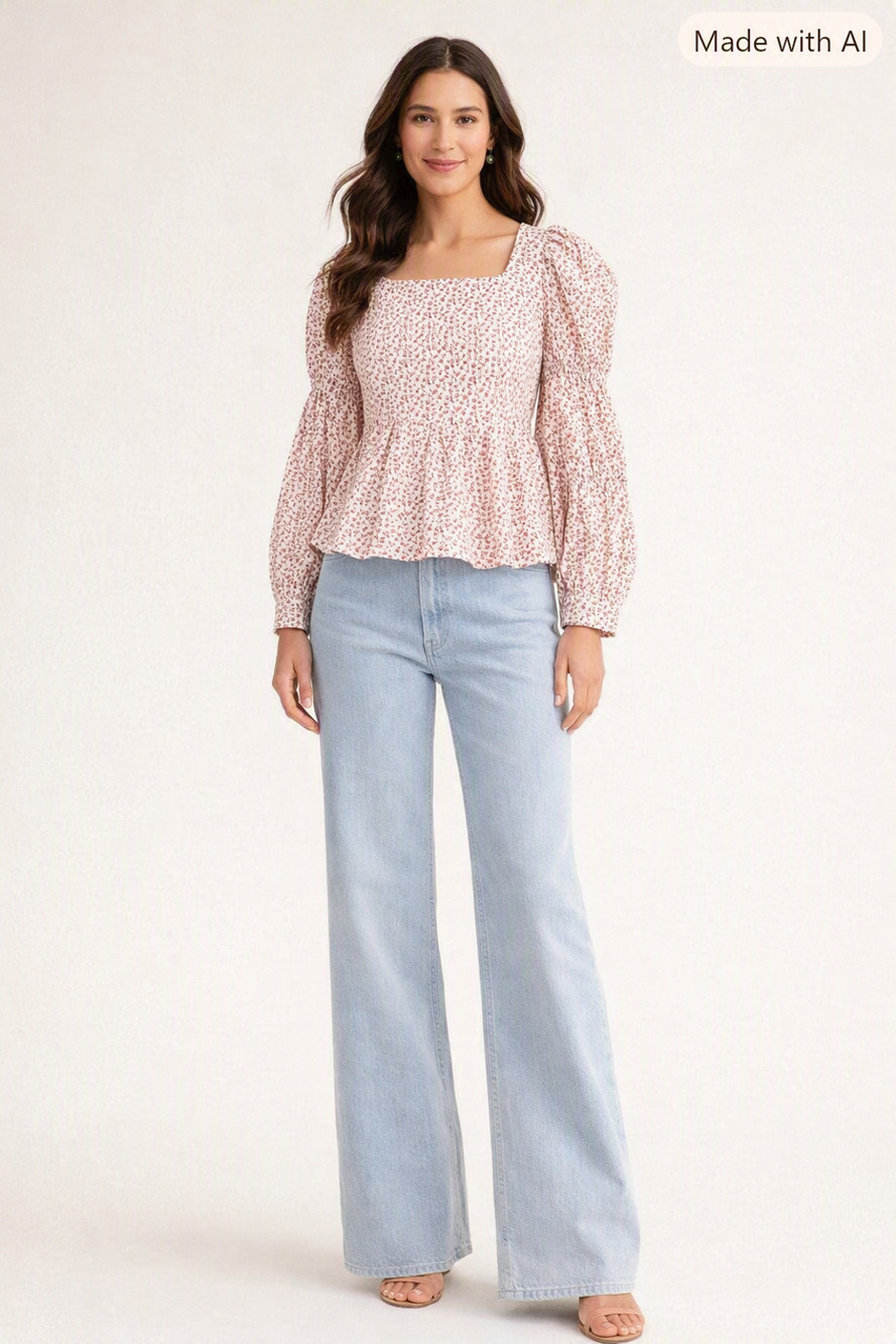 Hyacinth House Tuckernuck NWT Peplum Blouse XS Floral Pink White Puff Sleeve Top